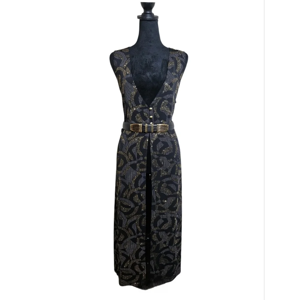Vintage 90's Midnight Velvet Black & Gold Glitter Abstract Evening Duster Size L